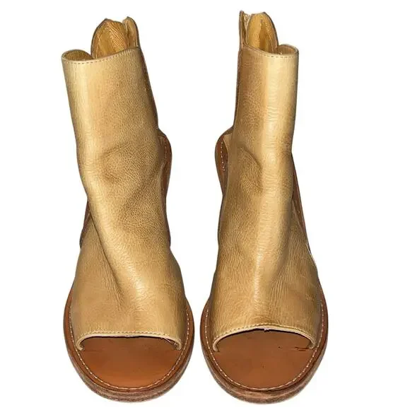 Free People Phoenix Heel Boot – Size 37 (7) Washed Leather, Natural Open Toe - Picture 2 of 11